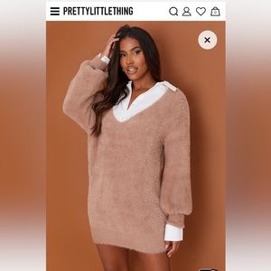PrettyLittleThing Camel V Neck Oversized Sweater Dress XS